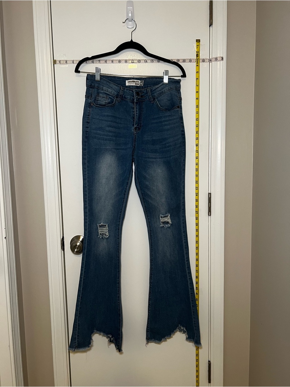 Celebry Ace MediumWash Blue Distressed Hem Holes Stretchy Flare Jeans High Waist